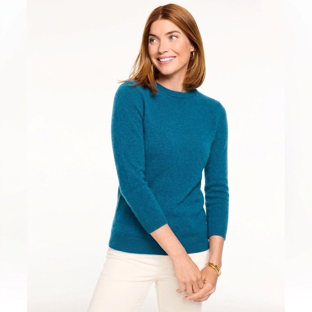 NWOT Talbots Audrey 100% Pure Cashmere 3/4 Sleeve Sweater Teal Green Boatneck S